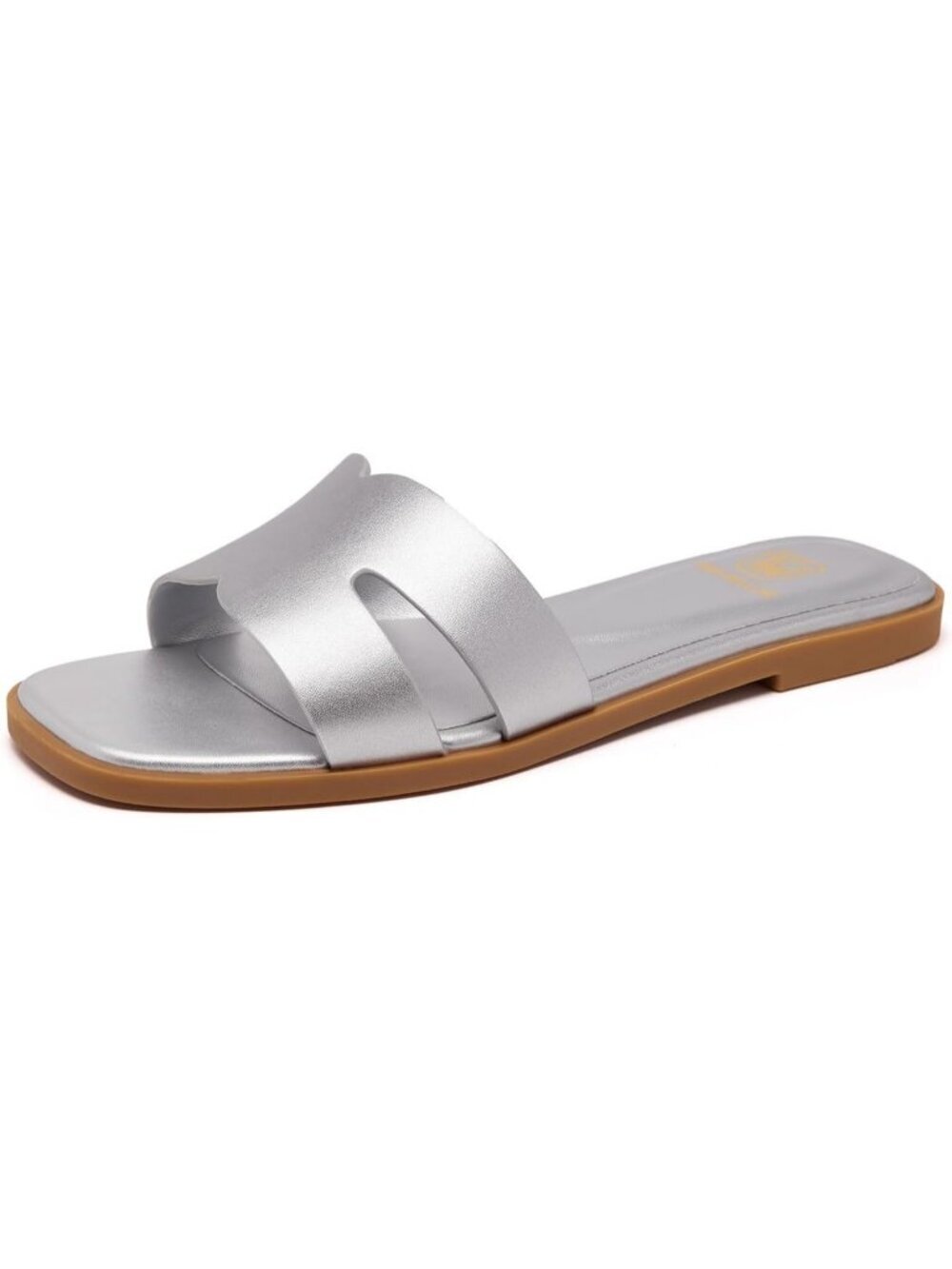 Women's Silver Flat Comfortable Slides Fashion Square Open Toe Slip Beach Sandal